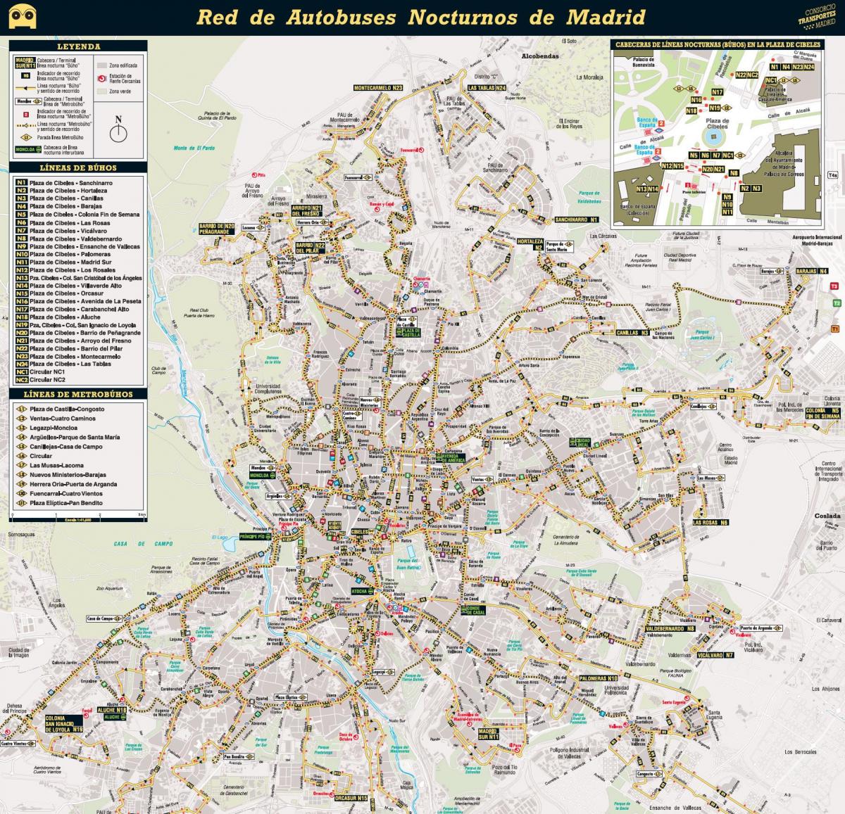 mapu Madridu nočný autobus 