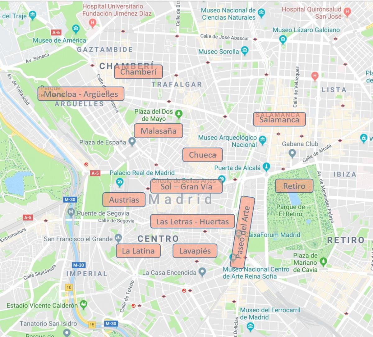 mapu Madrid Španielsko štvrtí